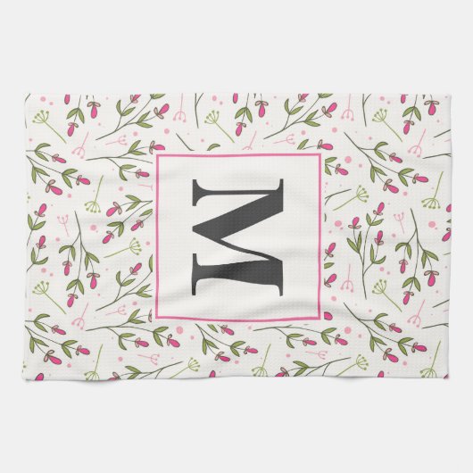 Monogram roze en groene langlevende wilde bloemen theedoek (Horizontaal)