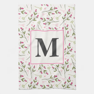 Monogram roze en groene langlevende wilde bloemen theedoek