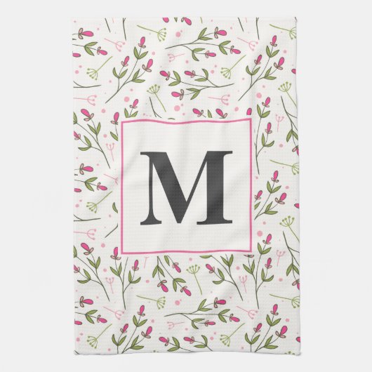 Monogram roze en groene langlevende wilde bloemen theedoek (Verticaal)