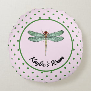 Monogram roze en groene polaire dot en dragonfly rond kussen
