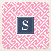 Monogram roze en Navy Preppy Pattern Vierkante Kartonnen Onderzetter (Voorkant)