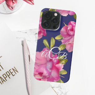 Monogram Roze en Navy Waterverf Flowers iPhone 13 Pro Hoesje
