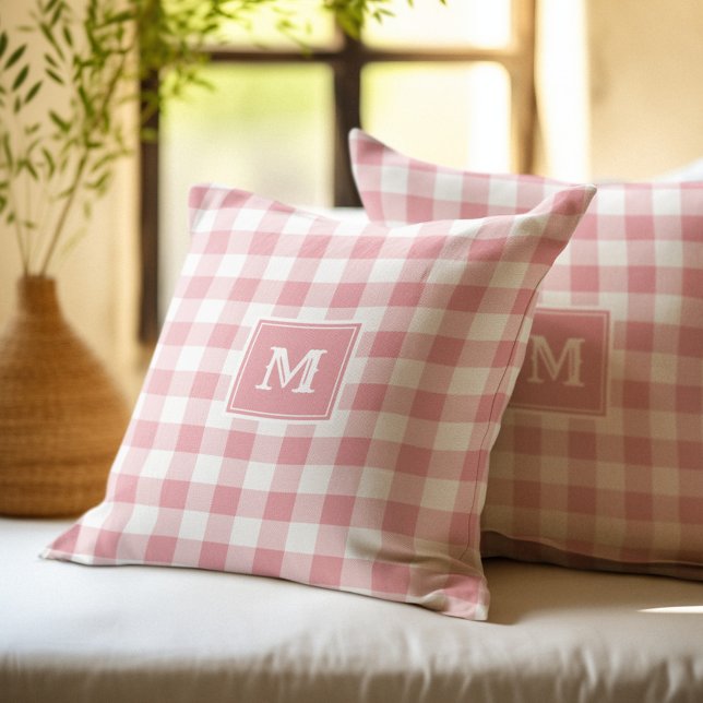 Monogram roze en witte Buffalo Plaid Kussen (Creator heeft geüpload)