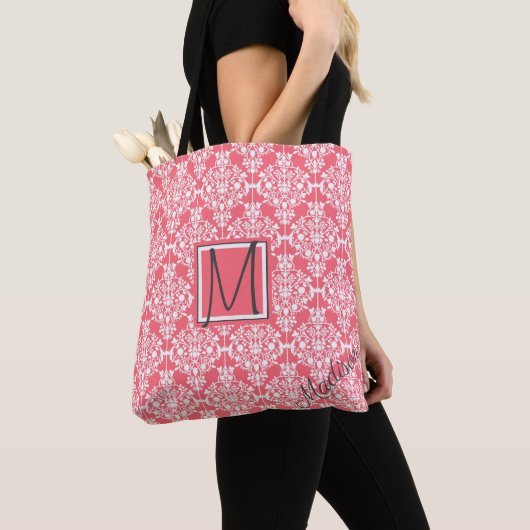 Monogram roze en witte Damask Trendy Draagtas (Dichtbij)