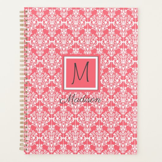 Monogram roze en witte Damask Trendy Planner (Voorkant)
