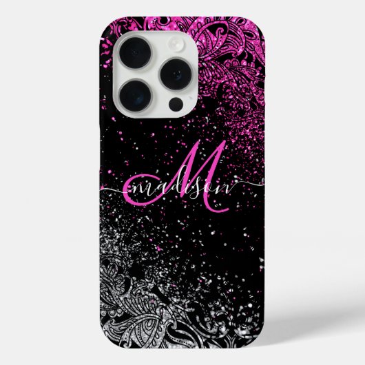 Monogram Roze en Witte Glitter Case-Mate iPhone Case (Achterkant)