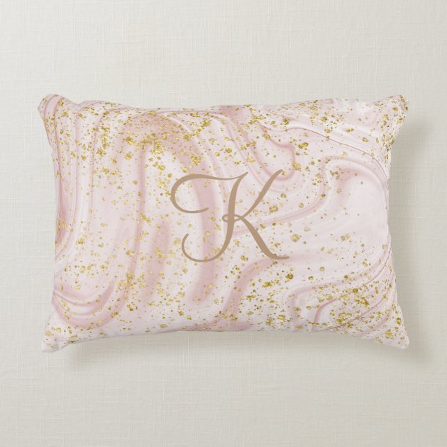 Monogram Roze en witte marmer Glitter Glitter Accent Kussen (Voorkant)