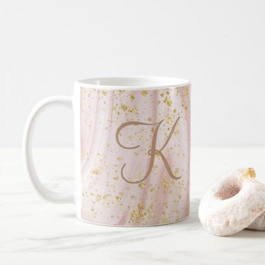 Monogram Roze en witte marmer Glitter Glitter Koffiemok (Met donut)