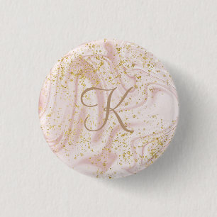 Monogram Roze en witte marmer Glitter Glitter Ronde Button 3,2 Cm