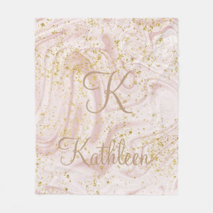 Monogram Roze en Witte Marmer Werveling Goud Glitt Fleece Deken