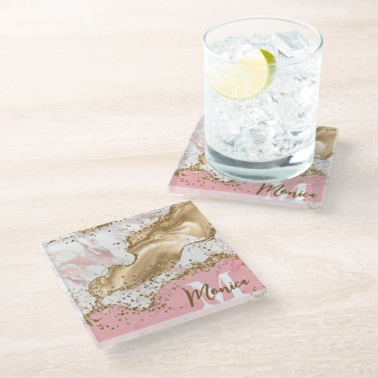 Monogram roze en witte steen en goudglitter Agate Glazen Onderzetter (Schuin)