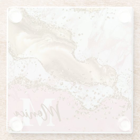 Monogram roze en witte steen en goudglitter Agate Glazen Onderzetter (Achterkant)