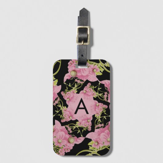 Monogram roze en zwarte Achillea Bagagelabel (Voorkant (verticaal))