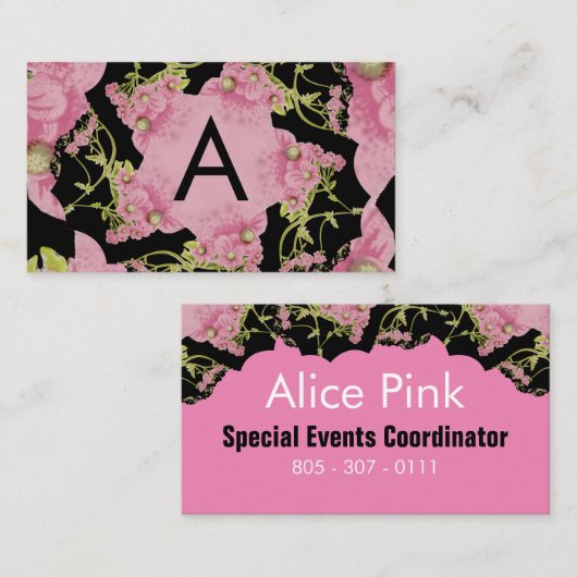 Monogram roze en zwarte Achillea Visitekaartje (Voorkant / Achterkant)