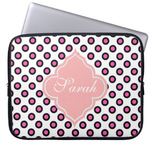 monogram roze en zwarte cirkel polka stipt laptop sleeve
