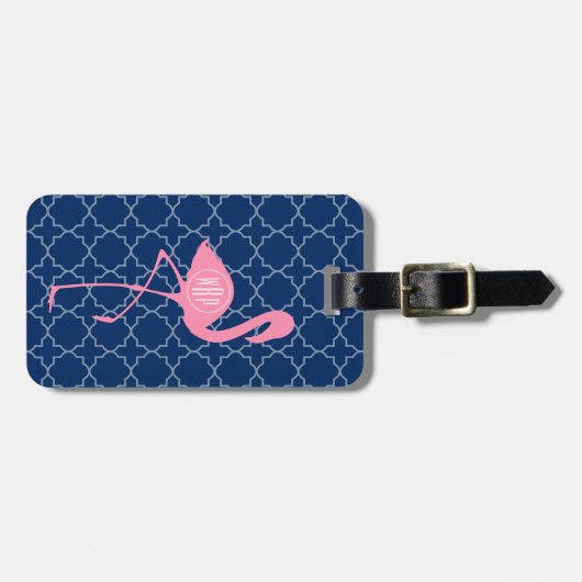 Monogram Roze Flamingo Navy Quatrefoil Bagagelabel (Voorkant horizontaal)