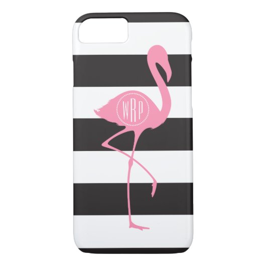 Monogram roze flamingo + zwart + witte strepen Case-Mate iPhone case (Achterkant)