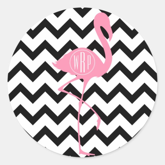Monogram roze flamingo + zwarte Chevron Ronde Sticker (Voorkant)