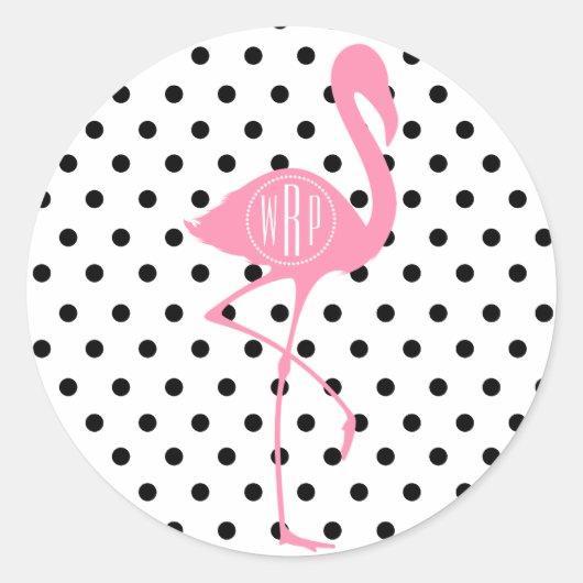 Monogram roze flamingo + zwarte polka dot ronde sticker (Voorkant)