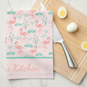 Monogram Roze Flamingo's Groene Palmbladeren Tropi Theedoek