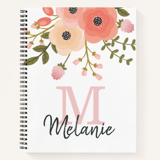 Monogram  Roze Floral Greenery Notitieboek (Voorkant)