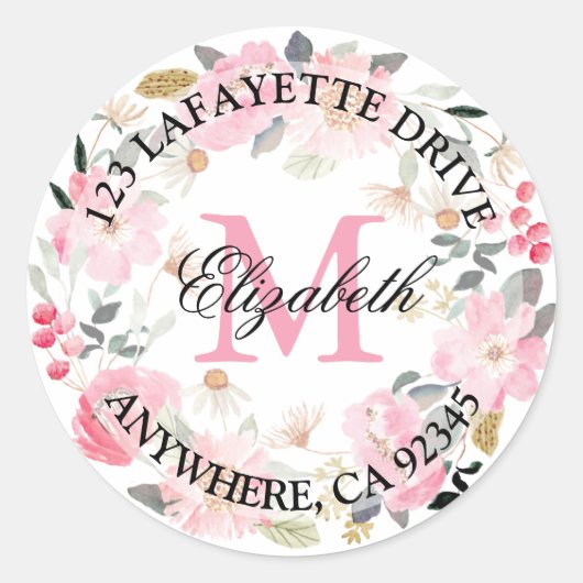 Monogram Roze Flowers Return Address Ronde Sticker (Voorkant)