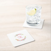 Monogram Roze, Geel en Groen Bloemendessin Waterve Vierkante Kartonnen Onderzetter (Insitu)