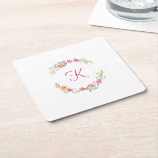 Monogram Roze, Geel en Groen Bloemendessin Waterve Vierkante Kartonnen Onderzetter (Schuin)