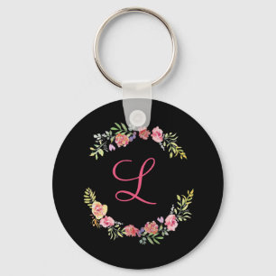 Monogram Roze, Geel en Groen Bloemenschildering in Sleutelhanger