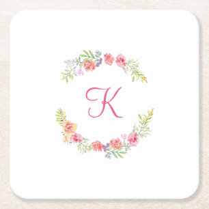 Monogram Roze, Geel en Groen Bloemenschildering in Vierkante Kartonnen Onderzetter