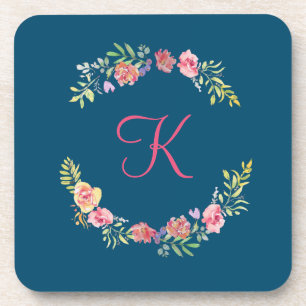 Monogram Roze, Geel en Groen Bloemschildering in W Bier Onderzetter