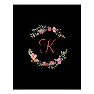 Monogram Roze, Geel en Groen Bloemschildering in W Perfect Poster