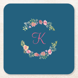 Monogram Roze, Geel en Groen Bloemschildering in W Vierkante Kartonnen Onderzetter