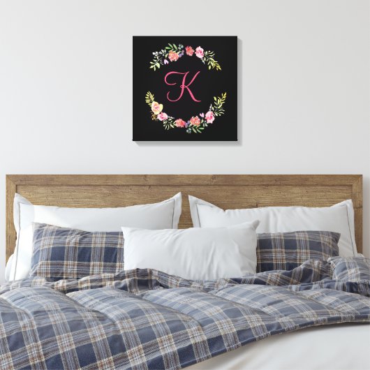 Monogram Roze, Geel en Groene Florenz Waterverf Canvas Afdruk (Insitu (Slaapkamer))