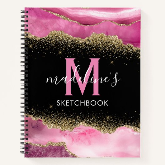 Monogram roze gegolfde kristallijn glitter notitieboek (Voorkant)