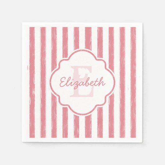 Monogram  roze gekleurde strips en naam servet (Voorkant)