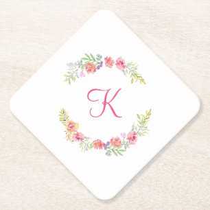 Monogram Roze, Gele Groene Floral Wedding Kartonnen Onderzetters
