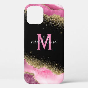 Monogram Roze Geode Agate Gold Glitter iPhone 12 Hoesje