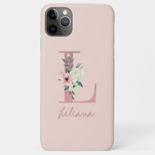 Monogram Roze Glitter Bloem Letter L Lichtroze iPhone 11 Pro Max Hoesje