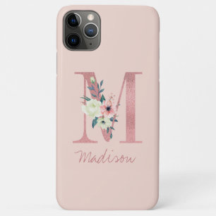 Monogram Roze Glitter Bloem Letter M Lichtroze iPhone 11 Pro Max Hoesje