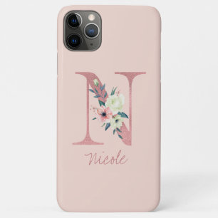 Monogram Roze Glitter Bloem Letter N Lichtroze iPhone 11 Pro Max Hoesje