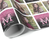 Monogram Roze Glitter Fotokerstmis Cadeaupapier (Rol Hoek)