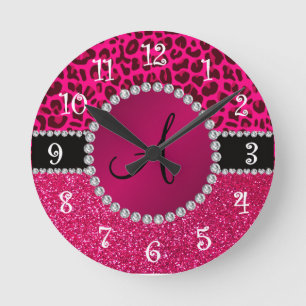Monogram roze glitter neon roze luipaard ronde klok