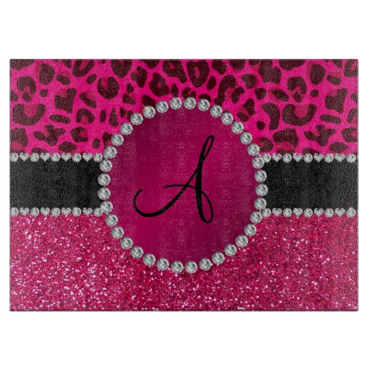 Monogram roze glitter neon roze luipaard snijplank (Voorkant)