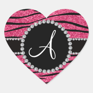 Monogram roze glitterzebrastrepen cirkel hart sticker