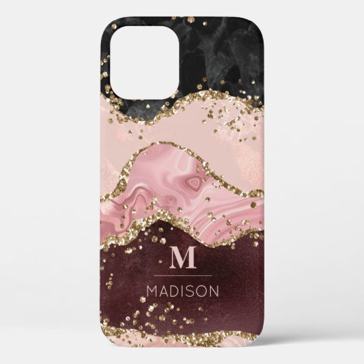 Monogram Roze Goud Agate Vloeibaar & Glitter Goud Case-Mate iPhone Case (Achterkant)