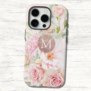 Monogram Roze Goud Blush Roze Waterverf Bloemen iPhone 16 Pro Hoesje