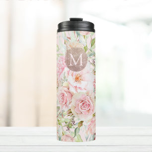 Monogram Roze Goud Blush Roze Waterverf Bloemen Thermosbeker