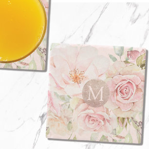 Monogram Roze Goud Blush Roze Waterverf Bloemig Stenen Onderzetter