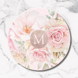 Monogram Roze Goud Blush Roze Waterverf Bloemig Zandsteen Onderzetter